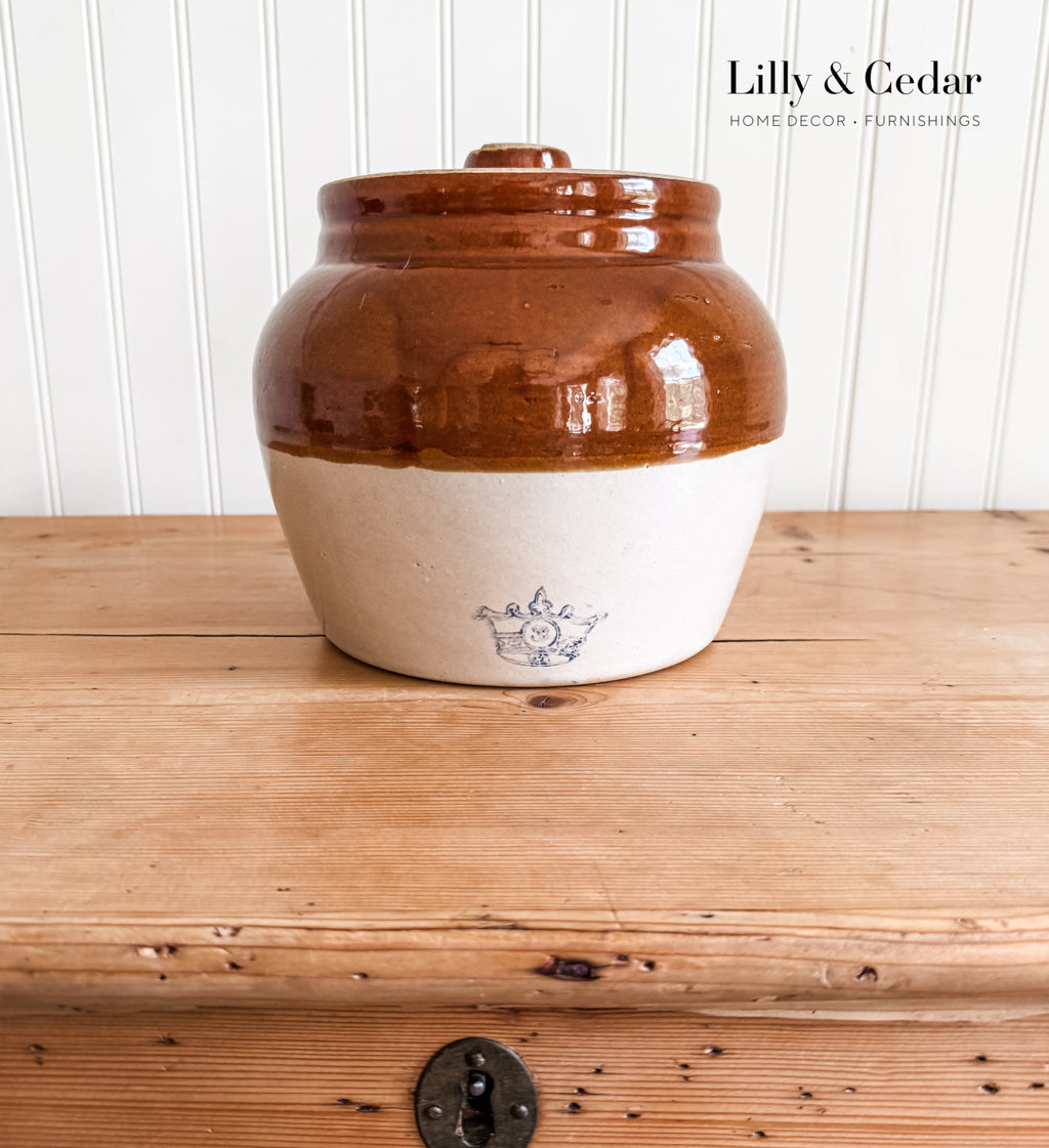 Antique Brown & White Stoneware Crock with Lid