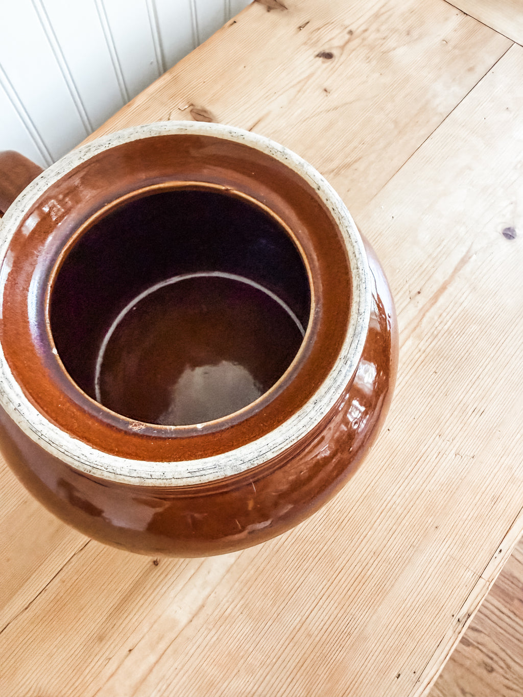 Antique Brown & White Stoneware Crock with Lid
