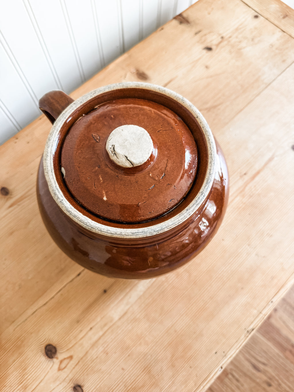 Antique Brown & White Stoneware Crock with Lid