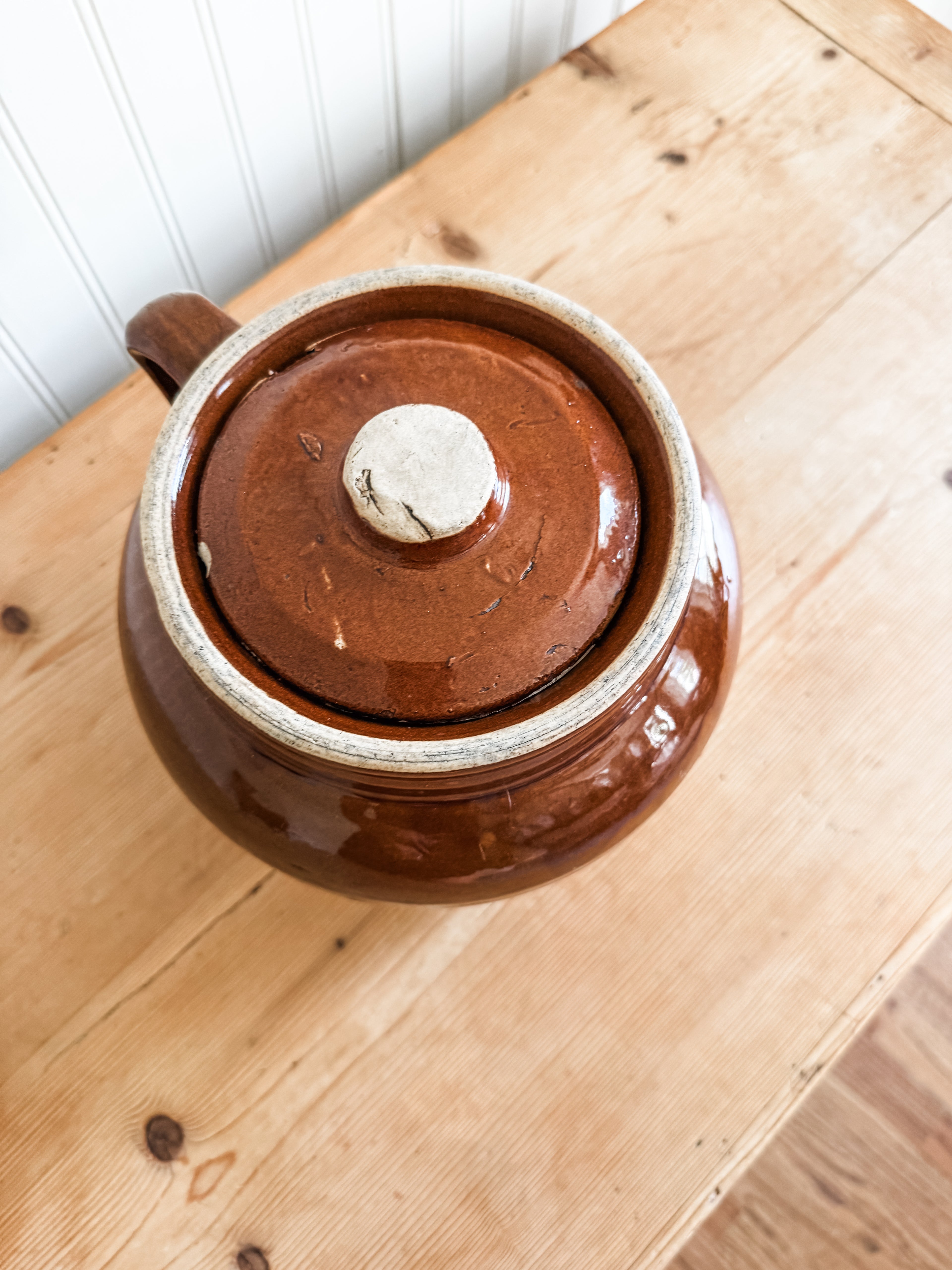 Antique Brown & White Stoneware Crock with Lid